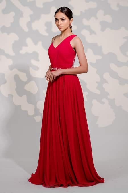 Shop_Tamaraa By Tahani_Pink Georgette Crystals Asymmetric One Shoulder Drape Pleated Gown _Online_at_Aza_Fashions