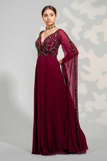 Buy_Tamaraa By Tahani_Purple Georgette Embroidery V-neck Hand Crystal Jumpsuit _Online_at_Aza_Fashions