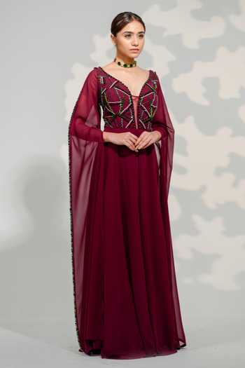 Shop_Tamaraa By Tahani_Purple Georgette Embroidery V-neck Hand Crystal Jumpsuit _Online_at_Aza_Fashions