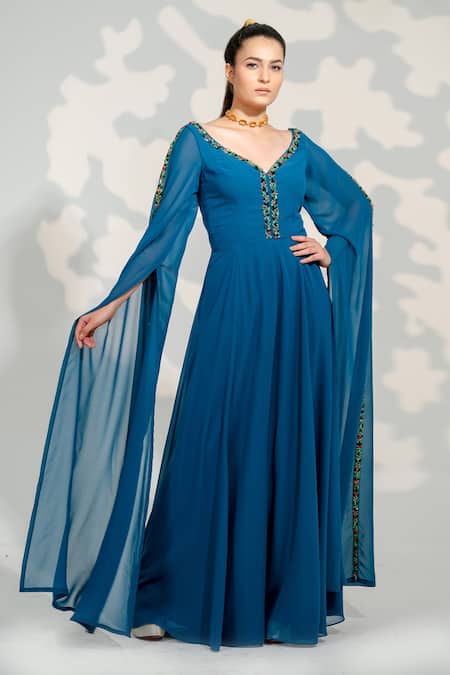Buy_Tamaraa By Tahani_Blue Georgette Crystals V-neck Embroidered Long Cape Sleeve Jumpsuit _Online_at_Aza_Fashions