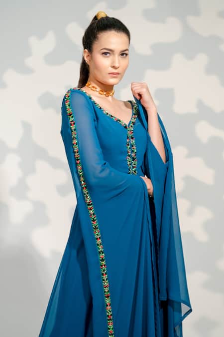 Shop_Tamaraa By Tahani_Blue Georgette Crystals V-neck Embroidered Long Cape Sleeve Jumpsuit _Online_at_Aza_Fashions