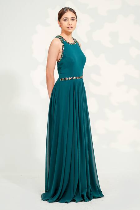 Tamaraa By Tahani_Green Georgette, Tulle Sequins, Crystals, Beads Doris Embroidered Crossback Gown _Online_at_Aza_Fashions