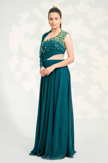 Buy_Tamaraa By Tahani_Green Georgette, Tulle Sequins, Dela High Collar One Shoulder Pleated Gown _Online_at_Aza_Fashions