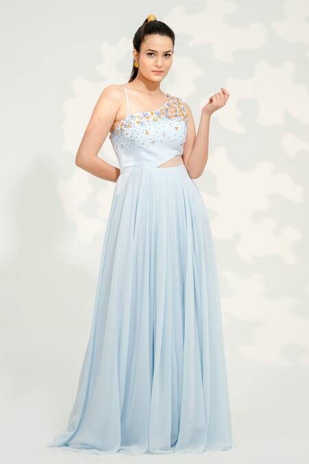 Tamaraa By Tahani_Blue Georgette Sequins, Beads, Crystals One Shoulder Embellished Gown _Online_at_Aza_Fashions