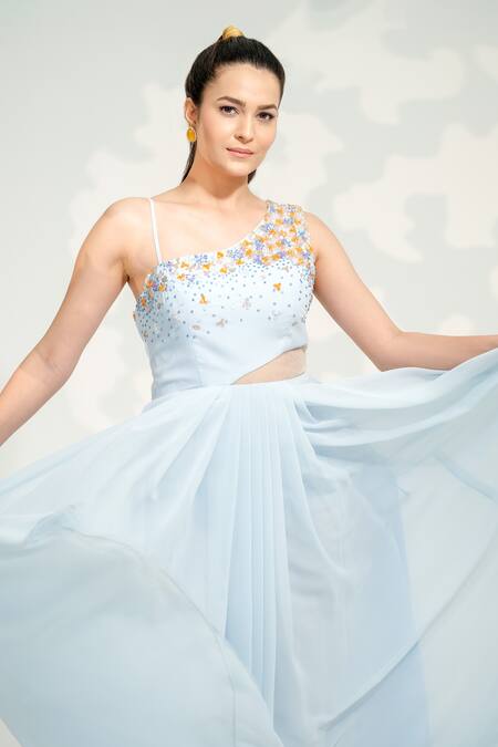 Shop_Tamaraa By Tahani_Blue Georgette Sequins, Beads, Crystals One Shoulder Embellished Gown _Online_at_Aza_Fashions