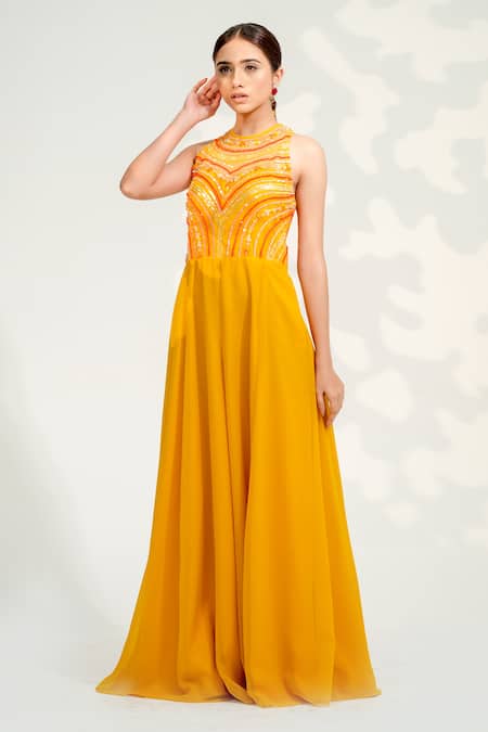 Tamaraa By Tahani_Yellow Georgette, Tulle Sequins, Crystals, Beads Round Neck Embellished Jumpsuit _Online_at_Aza_Fashions