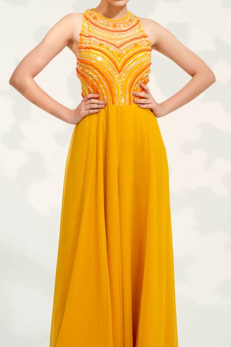 Buy Tamaraa By Tahani Yellow Georgette, Tulle Sequins, Crystals, Beads Round Neck Embellished Jumpsuit Online at Aza Fashions Buy_Tamaraa By Tahani_Yellow Georgette, Tulle Sequins, Crystals, Beads Round Neck Embellished Jumpsuit _Online_at_Aza_Fashions
