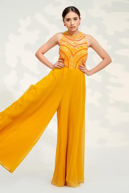 Shop_Tamaraa By Tahani_Yellow Georgette, Tulle Sequins, Crystals, Beads Round Neck Embellished Jumpsuit _Online_at_Aza_Fashions