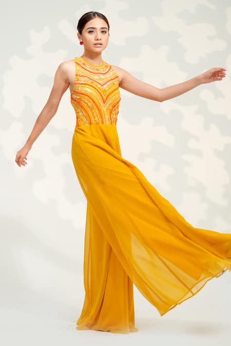 Tamaraa By Tahani_Yellow Georgette, Tulle Sequins, Crystals, Beads Round Neck Embellished Jumpsuit _at_Aza_Fashions