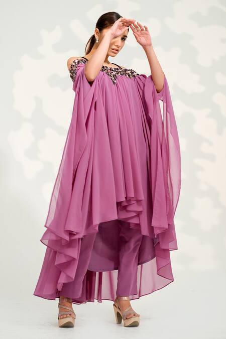 Tamaraa By Tahani_Purple Georgette Crystals Square Neck Ariel Embroidered High Low Top And Pant Set _Online_at_Aza_Fashions