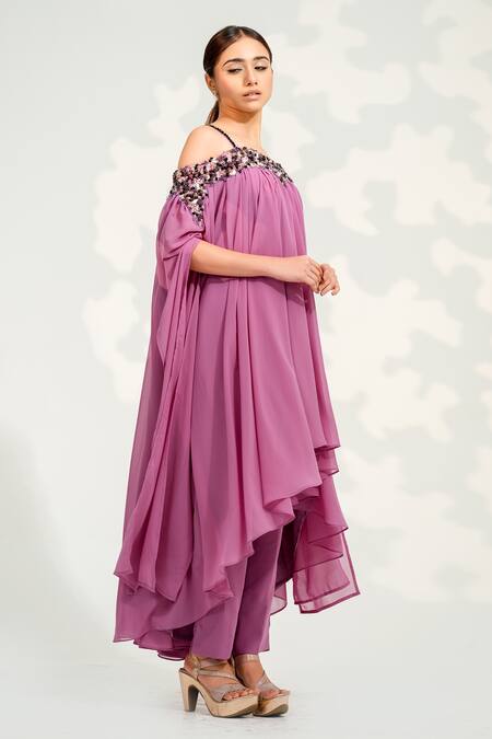 Shop_Tamaraa By Tahani_Purple Georgette Crystals Square Neck Ariel Embroidered High Low Top And Pant Set _Online_at_Aza_Fashions