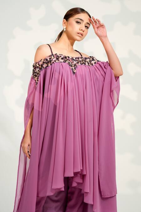 Tamaraa By Tahani_Purple Georgette Crystals Square Neck Ariel Embroidered High Low Top And Pant Set _at_Aza_Fashions