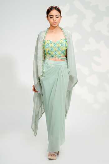 Tamaraa By Tahani_Green Georgette, Silk Beads, Crystals, Embroidered Blouse Dhoti Skirt Set _Online_at_Aza_Fashions