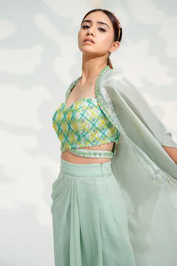 Buy_Tamaraa By Tahani_Green Georgette, Silk Beads, Crystals, Embroidered Blouse Dhoti Skirt Set _Online_at_Aza_Fashions