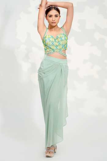Shop_Tamaraa By Tahani_Green Georgette, Silk Beads, Crystals, Embroidered Blouse Dhoti Skirt Set _Online_at_Aza_Fashions