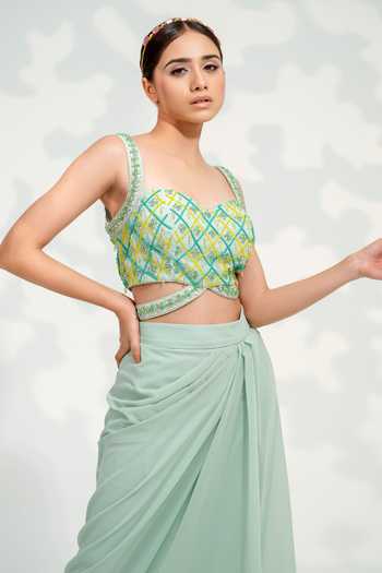 Tamaraa By Tahani_Green Georgette, Silk Beads, Crystals, Embroidered Blouse Dhoti Skirt Set _at_Aza_Fashions
