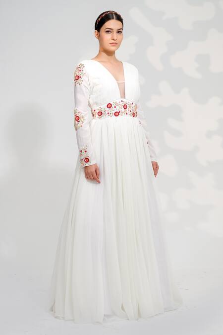 Tamaraa By Tahani_White Georgette, Tulle Beads, Sequins, Floral Embellished Anarkali With Dupatta _Online_at_Aza_Fashions