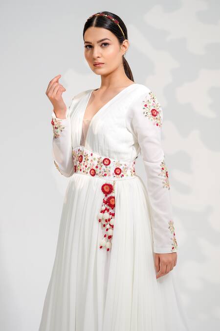 Buy_Tamaraa By Tahani_White Georgette, Tulle Beads, Sequins, Floral Embellished Anarkali With Dupatta _Online_at_Aza_Fashions