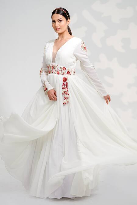 Shop_Tamaraa By Tahani_White Georgette, Tulle Beads, Sequins, Floral Embellished Anarkali With Dupatta _Online_at_Aza_Fashions