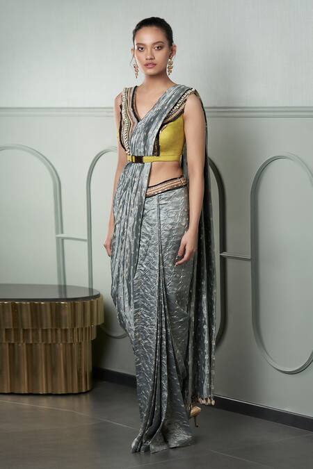 Qbik_Grey Raw Silk Embroidery V Neck Pre-draped Saree With Blouse_Online_at_Aza_Fashions