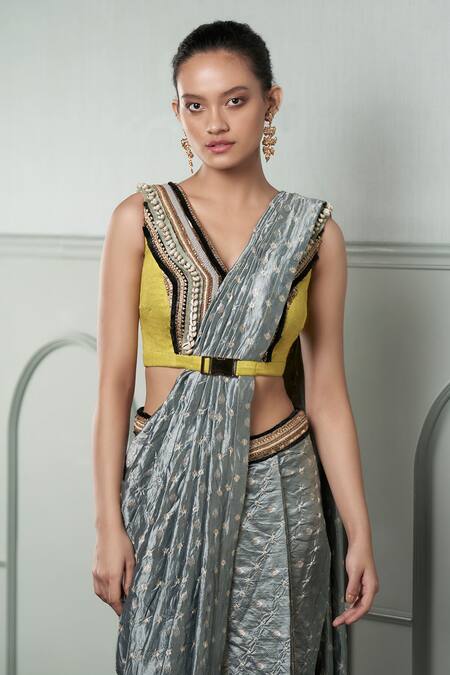 Buy_Qbik_Grey Raw Silk Embroidery V Neck Pre-draped Saree With Blouse_Online_at_Aza_Fashions