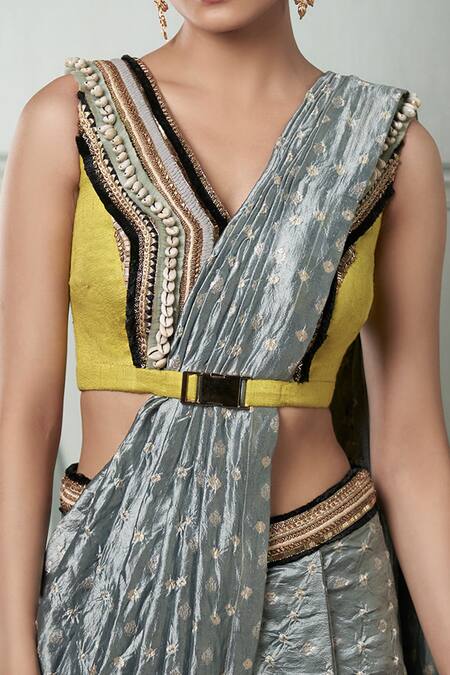 Shop_Qbik_Grey Raw Silk Embroidery V Neck Pre-draped Saree With Blouse_Online_at_Aza_Fashions