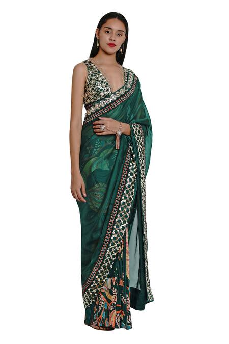 Limerick By Abirr N' Nanki_Green Dupion Silk V Neck Embroidered Blouse_Online_at_Aza_Fashions