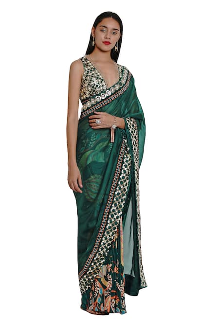 Limerick By Abirr N' Nanki Green Organza, Crepe Printed Saree Online at Aza Fashions Limerick By Abirr N' Nanki_Green Organza, Crepe Printed Saree _Online_at_Aza_Fashions