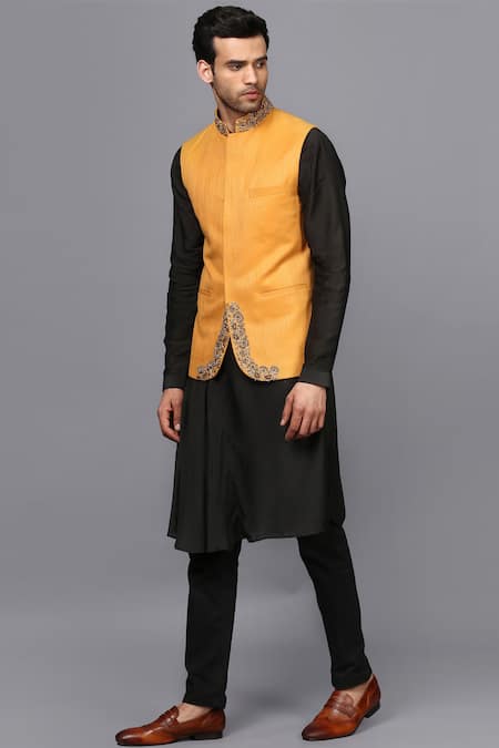Shop_Seven_Orange Silk Embroidered Nehru Jacket _Online_at_Aza_Fashions