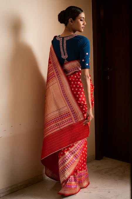 Shop Priyanka Raajiv Red Silk Brocade Banarasi Thread Saree at Aza Fashions Shop_Priyanka Raajiv_Red Silk Brocade Banarasi Thread Saree _at_Aza_Fashions