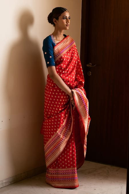 Priyanka Raajiv Red Silk Brocade Banarasi Thread Saree Online at Aza Fashions Priyanka Raajiv_Red Silk Brocade Banarasi Thread Saree _Online_at_Aza_Fashions