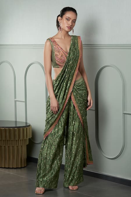 Tvis and Bliss. Sea Green Shibori Tie and Dye Chanderi Silk Saree