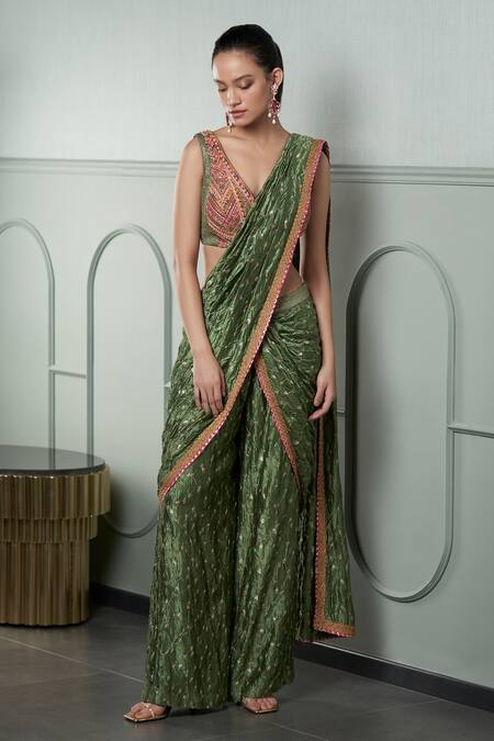Qbik_Green Chanderi Silk Embroidery V Neck Pant Saree With Blouse_Online_at_Aza_Fashions