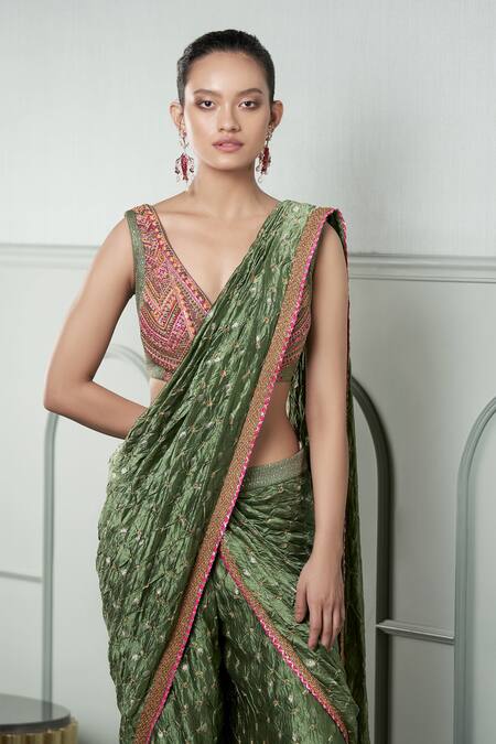 Shop_Qbik_Green Chanderi Silk Embroidery V Neck Pant Saree With Blouse_Online_at_Aza_Fashions