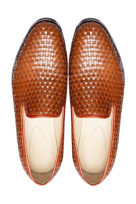 Shop_dmodot_Brown Leather Woven Loafers _at_Aza_Fashions