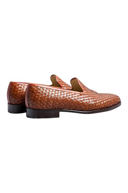 Buy_dmodot_Brown Leather Woven Loafers _Online_at_Aza_Fashions