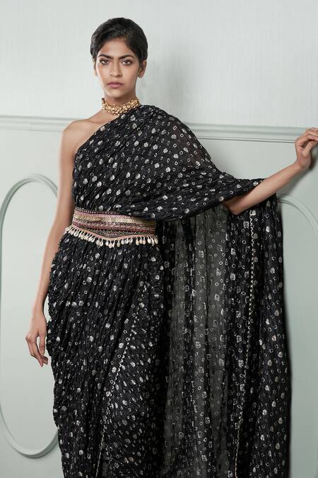 Buy_Qbik_Yellow 40 Grams Banarasi Silk Embroidery One Shoulder Pre-draped Pant Saree_Online_at_Aza_Fashions