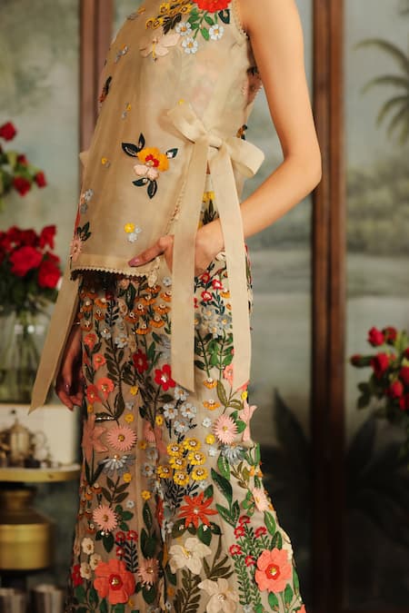 Sahil Kochhar_Grey Organza Bead Work, Sequins, 3d Applique Tanzir Anamika Top And Pant Set_Online_at_Aza_Fashions