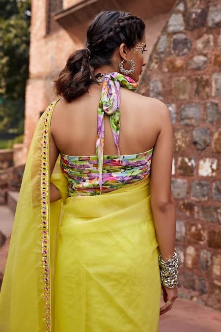 Shop Tarini Vij Pink Satin, Lycra Satin, Silk Organza Floral Indira Pre-draped Saree With Blouse at Aza Fashions Shop_Tarini Vij_Pink Satin, Lycra Satin, Silk Organza Floral Indira Pre-draped Saree With Blouse _at_Aza_Fashions