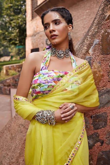 Buy Tarini Vij Pink Satin, Lycra Satin, Silk Organza Floral Indira Pre-draped Saree With Blouse Online at Aza Fashions Buy_Tarini Vij_Pink Satin, Lycra Satin, Silk Organza Floral Indira Pre-draped Saree With Blouse _Online_at_Aza_Fashions