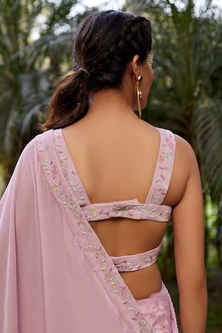 Shop Tarini Vij Purple Net, Velvet Cutdana Work, Resham Work, Shyla Pre-draped Saree With Blouse at Aza Fashions Shop_Tarini Vij_Purple Net, Velvet Cutdana Work, Resham Work, Shyla Pre-draped Saree With Blouse _at_Aza_Fashions