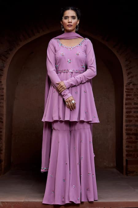 Shop Tarini Vij Purple Georgette Mirror , Resham Round Vamika Kurta Sharara Set at Aza Fashions Shop_Tarini Vij_Purple Georgette Mirror , Resham Round Vamika Kurta Sharara Set _at_Aza_Fashions