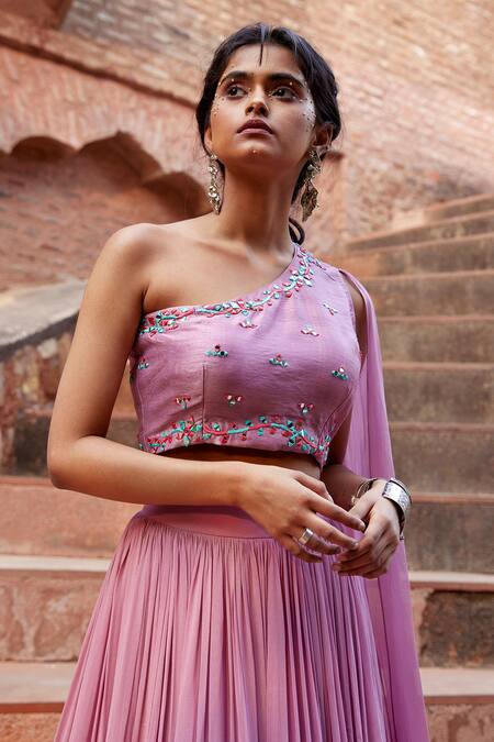 Tarini Vij_Purple Georgette, Bhagalpuri Mirror Work, Ameya Draped Choli And Lehenga Set _Online_at_Aza_Fashions