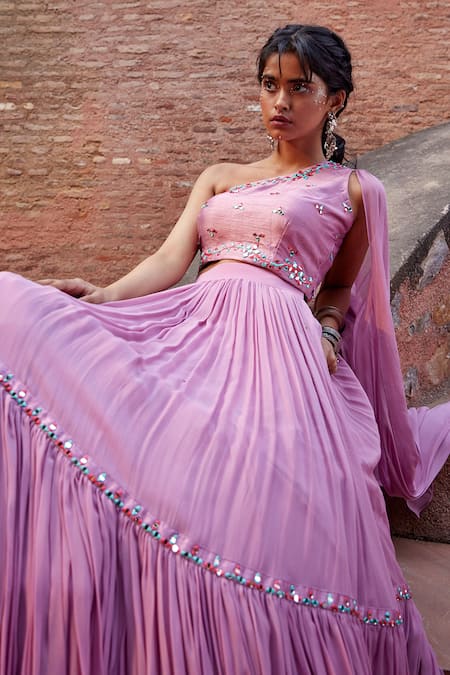Buy_Tarini Vij_Purple Georgette, Bhagalpuri Mirror Work, Ameya Draped Choli And Lehenga Set _Online_at_Aza_Fashions