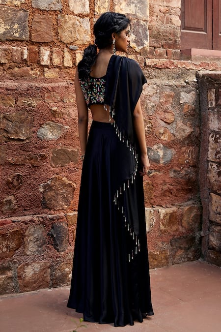 Shop Tarini Vij Black Georgette, Satin Bead Work, Cutdana Adya Pre-draped Saree With Blouse at Aza Fashions Shop_Tarini Vij_Black Georgette, Satin Bead Work, Cutdana Adya Pre-draped Saree With Blouse _at_Aza_Fashions