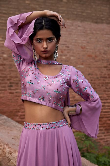 Tarini Vij_Purple Georgette, Bhagalpuri Silk Sequins, Lotus Print Round Brinda Lehenga Set _Online_at_Aza_Fashions