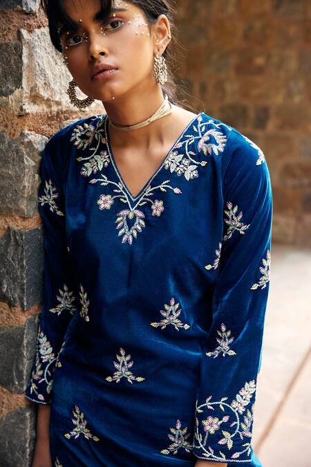 Shop Tarini Vij Blue Net, Velvet Bead Work, Floral, Sequins V Neck Bani Sharara Set Online at Aza Fashions Shop_Tarini Vij_Blue Net, Velvet Bead Work, Floral, Sequins V Neck Bani Sharara Set _Online_at_Aza_Fashions
