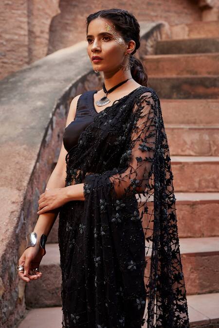 Tarini Vij_Black Net, Satin Bead Work, Cutdana Work, Shanaya Pre-draped Saree With Blouse_Online_at_Aza_Fashions