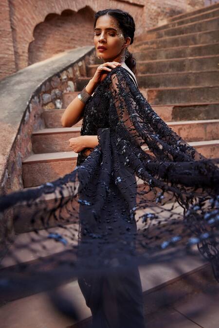 Buy_Tarini Vij_Black Net, Satin Bead Work, Cutdana Work, Shanaya Pre-draped Saree With Blouse_Online_at_Aza_Fashions
