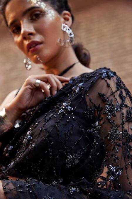 Shop_Tarini Vij_Black Net, Satin Bead Work, Cutdana Work, Shanaya Pre-draped Saree With Blouse_Online_at_Aza_Fashions